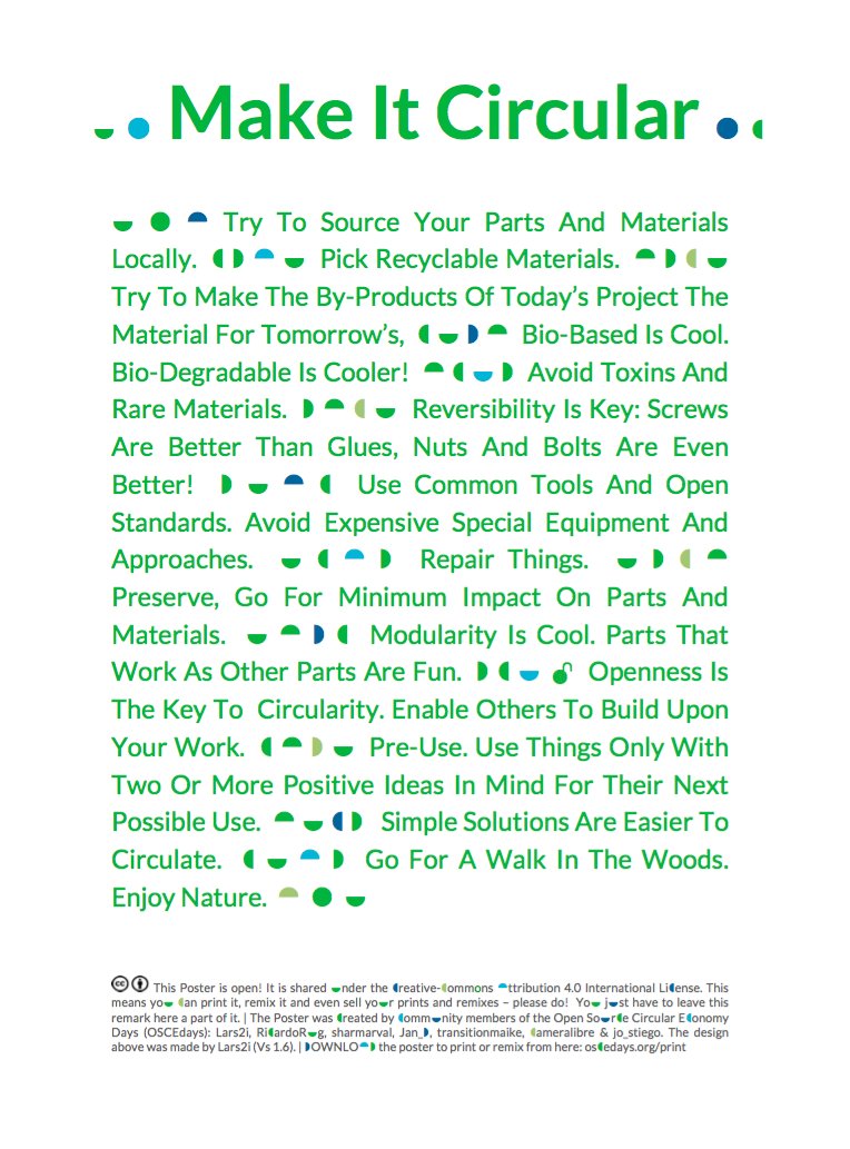 ヽ(・∀・)ノ \ ( ° ∀ ° ) /  Cool! A new improved version of our open „Make It Circular“ poster. (en, de) Download here: community.oscedays.org/t/make-it-circ…  
#OSCEdays #Make #Circularity
