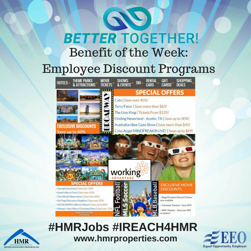 HMRProperties's tweet photo. 'Tis the season of holiday shopping! This week's featured benefit for HMR is our Employee Discount Program. Check it out for amazing deals on movie tickets, shopping, skiing, shows and events, theme parks, hotels and so much more!Departments. Happy shopping! #HMRJobs #IREACH4HMR https://t.co/WEUlzLpNQs