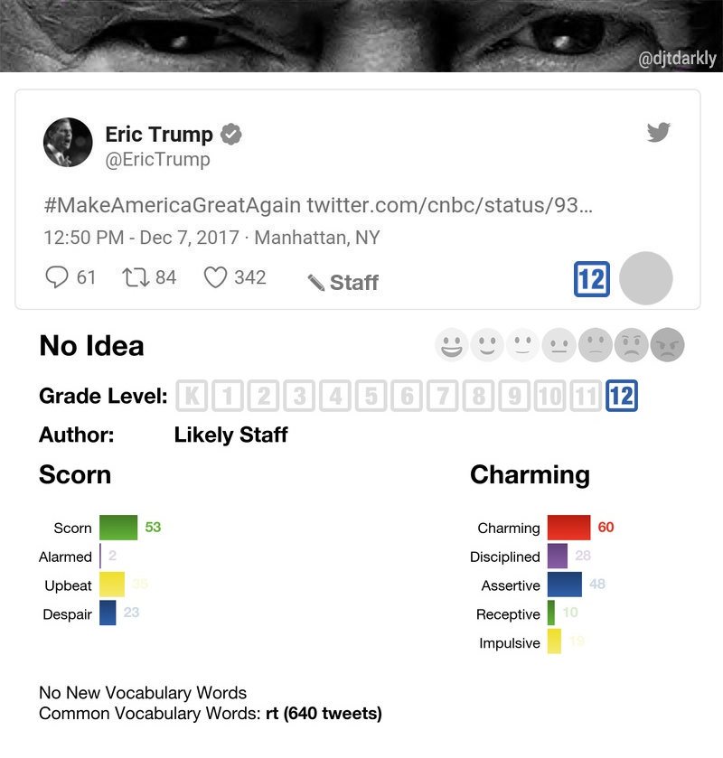 djtdarkly's tweet photo. .@realDonaldTrump #stafftweet #charming #scorn #12thgrade #MakeAmericaGreatAgain @EricTrump https://t.co/zIHDLz8vD3 https://t.co/PVID2Fp7FK