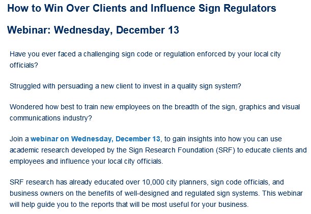 ISAPrez's tweet photo. How to win clients and influence sign regulations--great topic for a @SignResearch webinar December 13. Huzzah, it's free! Register here: https://t.co/WQzjzMZT7V #signcode #signregs https://t.co/P6iQCmTbZj