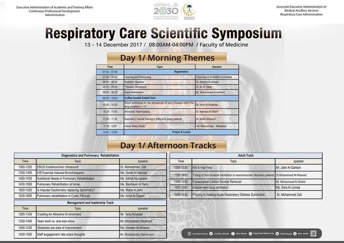 RCmeshal's tweet photo. Respiratory Care Scientific Symposium
In Ryiadh at #KFMC
13-14 December 2017
Don't miss out those amazing Topics
#inayacollege #mcst #psmch #uod #iafu #medical #Ksauhs https://t.co/dXXAnlZuPM