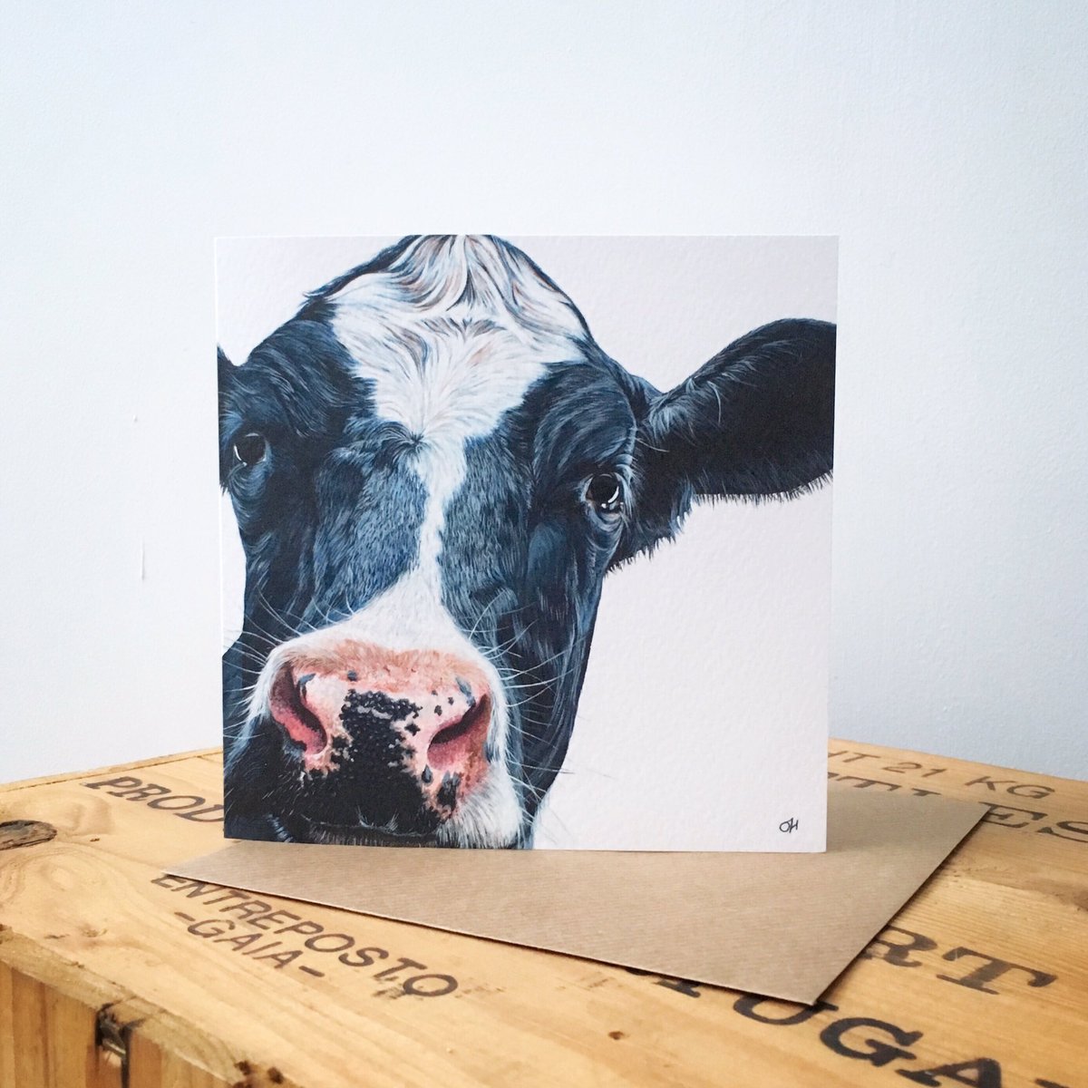 oliviaderivaz's tweet photo. Been trying to get photos of my new Holstein-Friesian Cow card today. It's so hard to get good light! #justacard #cowdesign #cowart https://t.co/S5LCaPw9Ne