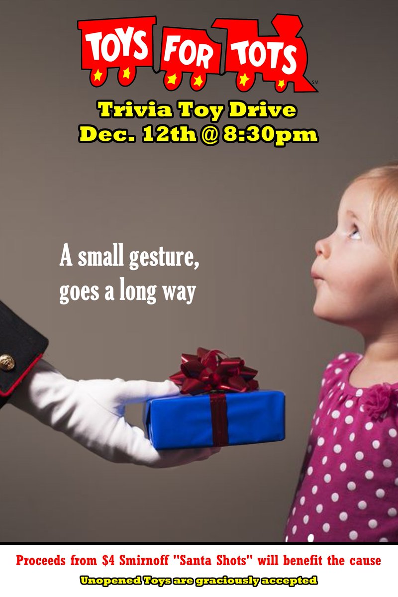 DsPlaceSoulard's tweet photo. It's EASY to make a child's holiday something special.  Drop off a toy or join us next Tuesday @ 8:30pm.  $4 #Smirnoff "Santa Shots" will benefit the cause plus they're much better than milk &amp; cookies.  Cheers https://t.co/3hLjimHFru
