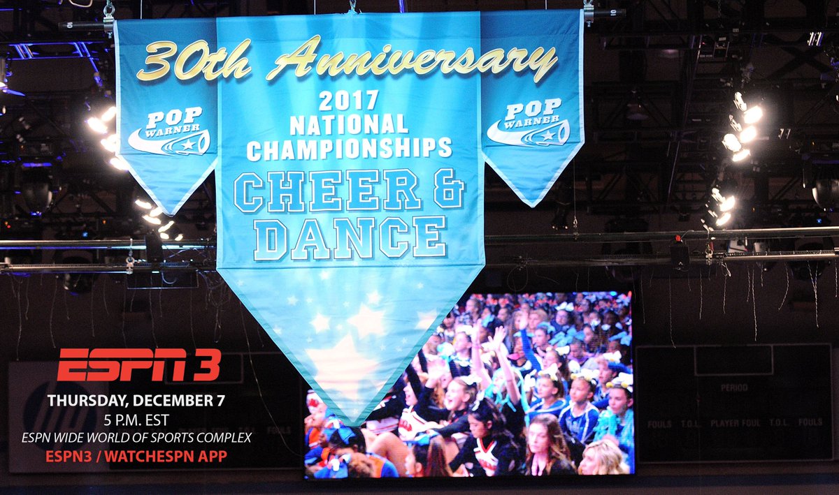 Pop_Warner's tweet photo. Tune in for tonight's National Cheerleading Competition at 5 p.m. LIVE on #ESPN3! Teams in the PW4 and PW3 (large) divisions will compete, along with yesterday's National Dance Champions! #PWCheer30 @ESPNWWOS https://t.co/p0RAIM8Qpl