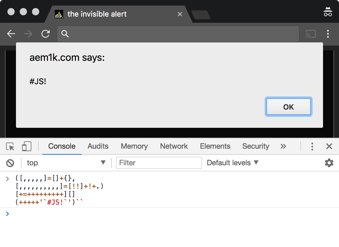 // #the_invisble_alert

([,ﾠ,,,,ﾠﾠ]=[]+{},[ﾠﾠﾠ,ﾠ‌,ﾠﾠﾠﾠ,ﾠﾠ‌,,ﾠﾠﾠﾠﾠ,ﾠﾠﾠ‌,ﾠﾠﾠﾠﾠﾠ,,,ﾠﾠﾠﾠ‌]=[!!ﾠ]+!ﾠ+ﾠ.ﾠ)
[ﾠﾠ+=ﾠ+ﾠﾠﾠﾠ‌+ﾠﾠﾠﾠﾠﾠ+ﾠﾠﾠ+ﾠ‌+ﾠﾠﾠﾠ+ﾠﾠ+ﾠﾠﾠ+ﾠ+ﾠ‌][ﾠﾠ]
(ﾠﾠﾠﾠﾠ+ﾠﾠﾠ‌+ﾠﾠ‌+ﾠ‌+ﾠﾠﾠ+'`#JS!`')``