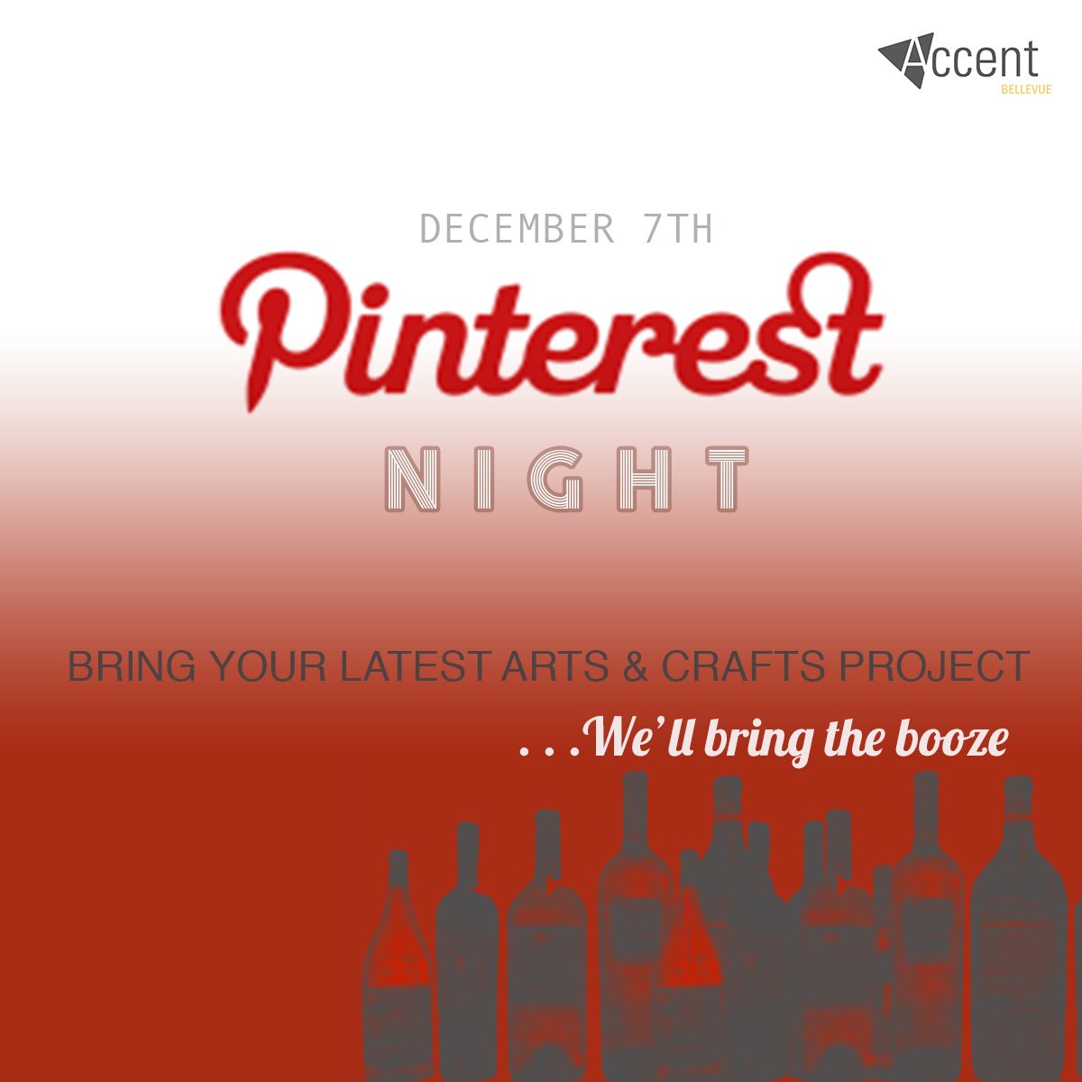 AccentBellevue's tweet photo. TONIGHT! It's '@Pinterest Night' at the @accentbellevue clubhouse starting at 630PM! We're providing FREE wine, FREE FOOD, a hot chocolate bar, gift wrapping supplies AND the perfect atmosphere to complete your long-abandoned arts &amp; crafts projects AND/OR holiday gift wrapping. https://t.co/GJEShDb8V0
