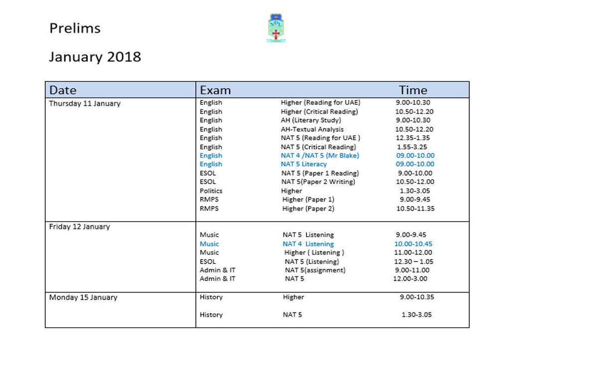 LourdesSec's tweet image. S4, S5 and S6 prelim timetable for January 2018 now available for pupils and parents to view. #supportingprogress #prelims