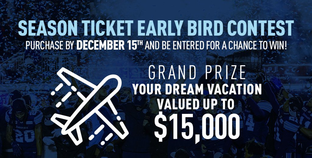 TorontoArgos's tweet image. We're sending one lucky season seat holder on their dream vacation! ✈️☀️

Purchase 2018 #ArgosFootball season seats before December 15 and it could be you!

🎟 » argosatbmofield.ca