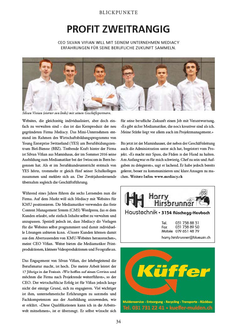 Mediacy_ch's tweet photo. Vielen Dank an die Redaktion des Schwarzeburger Magazin für den Artikel über uns und unserem CEO @SilvanVifian! Der Originalartikel findet man unter https://t.co/v5RqHpYCvg auf der Seite 34.

#startup #mediacy #yes https://t.co/6kKCpVwMtf