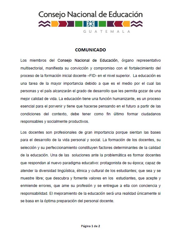 ASIES_GT's tweet photo. También la Gran Campaña Nacional por la Educación está convencida de la importancia de la formación de maestros a nivel universitario. Compartimos el comunicado del Consejo Nacional de Educación. https://t.co/i5MH7ratha