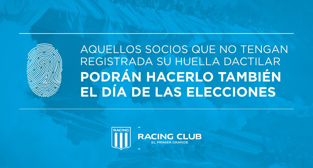 RacingClub's tweet photo. #EleccionesRacing 🗳️

En https://t.co/ekRwDZ3ptM ya podés consultar en qué mesa vas a votar el domingo.

Recordá que si no hiciste el registro de la huella dactilar, lo podrás hacer el mismo día de la elección. https://t.co/6xvXxomtlc