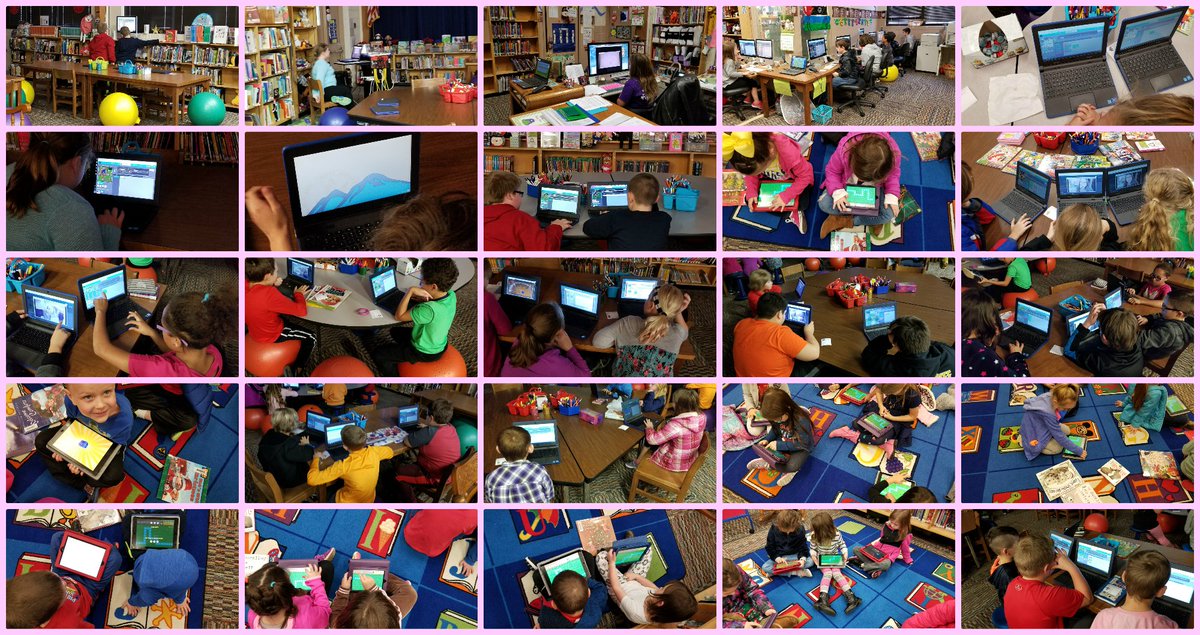 RobinDBennett's tweet photo. Deep Thinking and Problem Solving is happening @BonnyKateElem Library #1hourofcode #bkroars #kcslmc https://t.co/r0wKv2FiyR