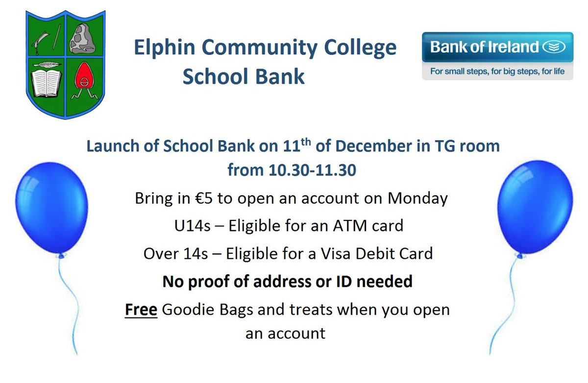 Elphin Community College Twitterren Launch Of School Bank On 11th Of December In Tg Room From 10 30 11 30 Bring In 5 To Open An Account On Monday U14s Eligible For An Atm