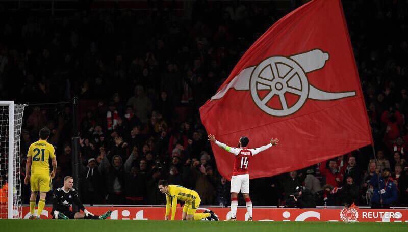 theowalcott's tweet photo. Happy to be back on the pitch with a great team effort &amp; back on the scoresheet ! 6-0 #COYG #europaleague #AFCvBATE https://t.co/N3fecel2sT