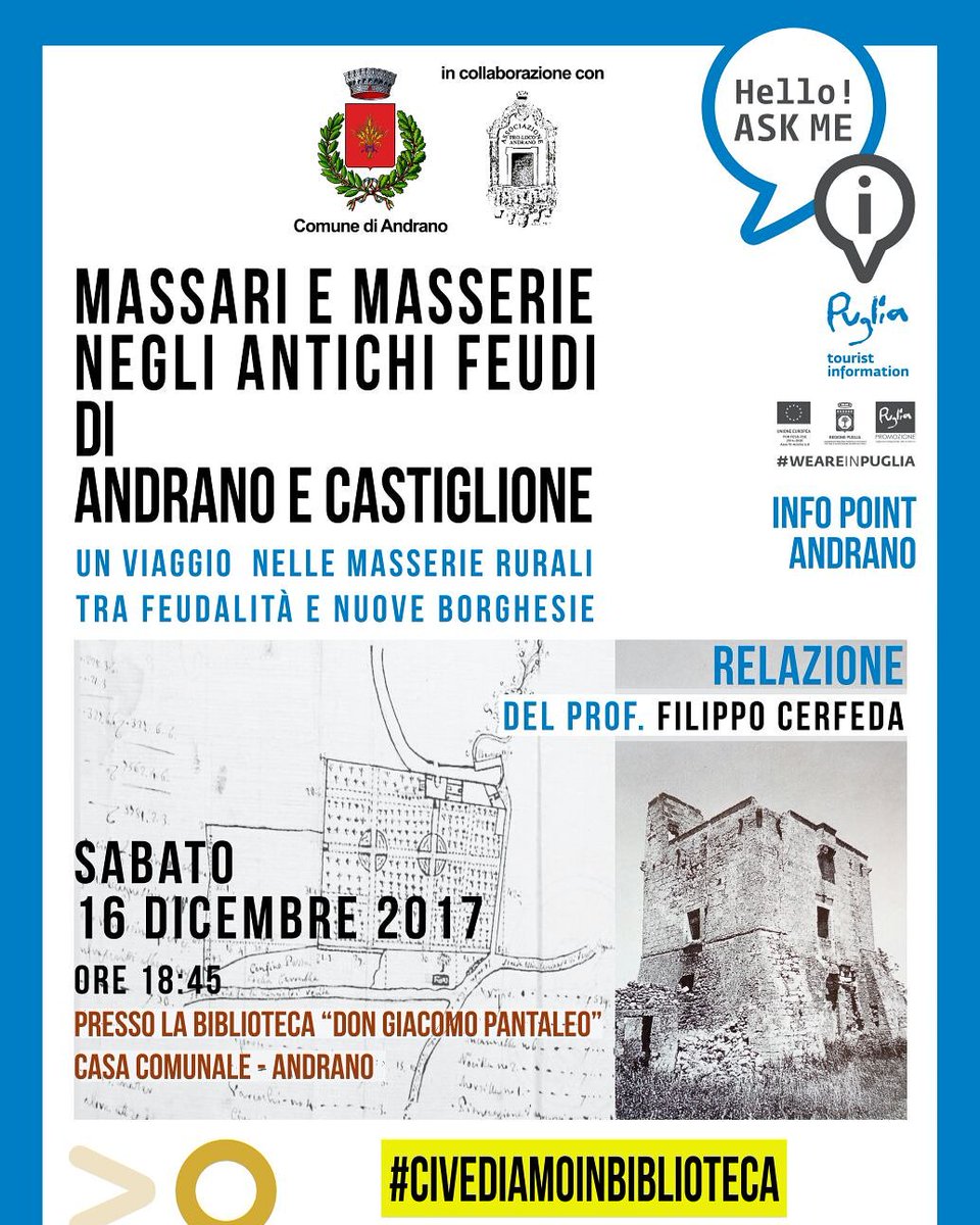 Info_iatAndrano's tweet photo. Il prof. Filippo Cerfeda ci guiderà in questo viaggio a ritroso nel tempo attraverso evidenze documentali inedite, sabato 16 dicembre alle 18.45, presso la Biblioteca comunale di Andrano.
#infopointandrano #civediamoinbiblioteca #weareinpuglia #Andrano https://t.co/mqjeSEN8AF