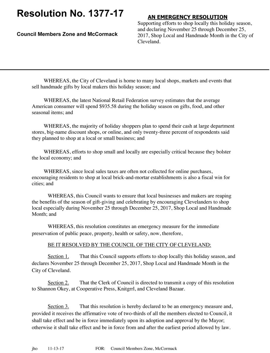 clevelandbazaar's tweet image. We want to thank @KerryMcCormack1 and @zonemat for sponsoring legislation to declare November 25 through December 25, 2017 "Shop Local and Handmade Month in the City of Cleveland." Your support is *greatly* appreciated by CLE's maker community!