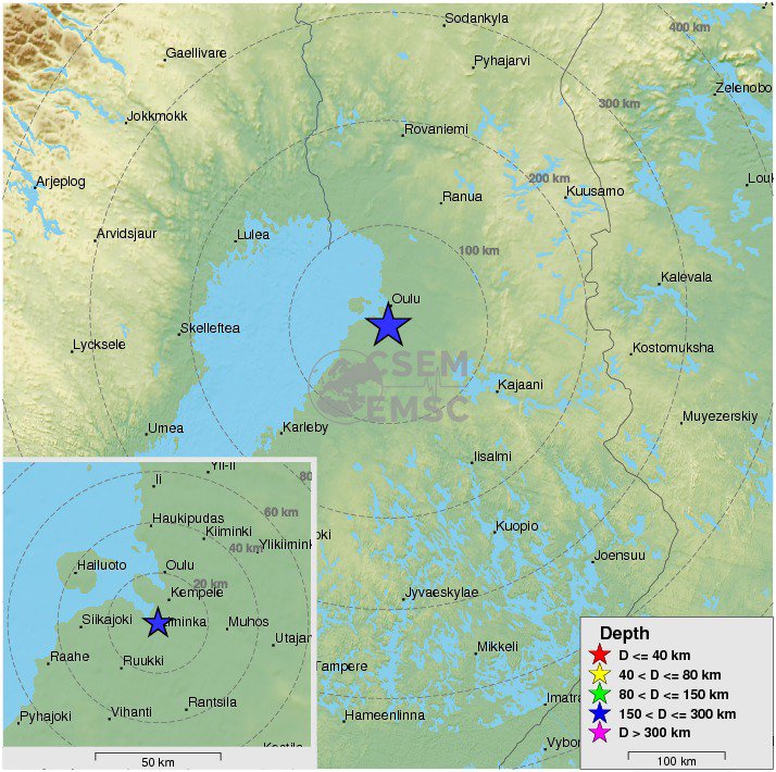 Felt #earthquake M3.5 strikes 21 km S of #Oulu (#Finland) 27 min ago. Please report to: emsc-csem.org/Earthquake/ear…