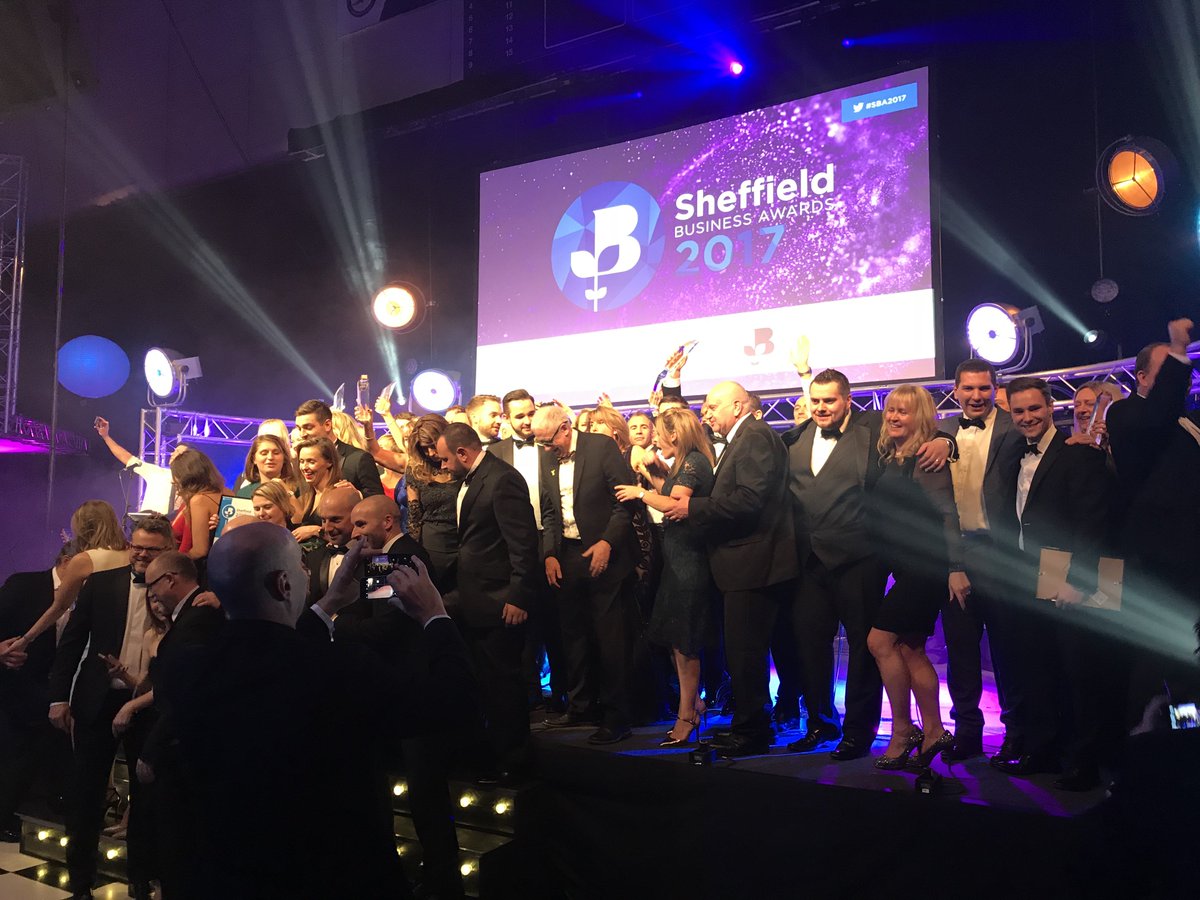 sheffchamber's tweet photo. All the award winners at Sheffield Business Awards 2017 take to the stage .  Well done to all the winners and everyone who received a nomination at tonight's awards  #SBA2017 https://t.co/PIC1u9dwYP