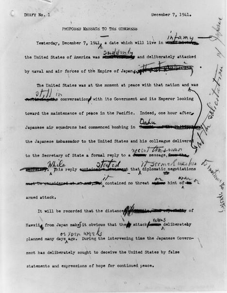 DUWritingWorks's tweet image. Drafting and revising. The line wasn't always "a date which will live in infamy." #PearlHarborRemembranceDay