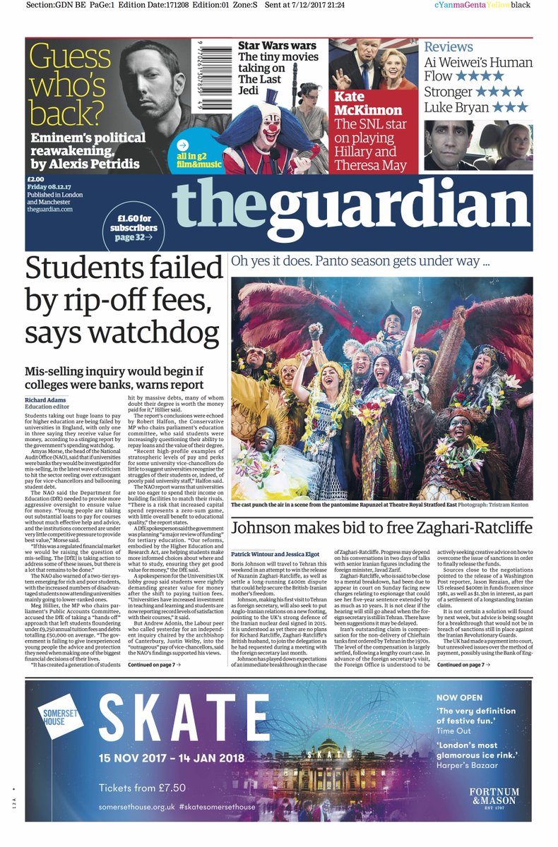 guardian's tweet photo. Guardian front page, Friday 8 December 2017: Students failed by rip-off fees, says watchdog https://t.co/EJWxPRf6k7