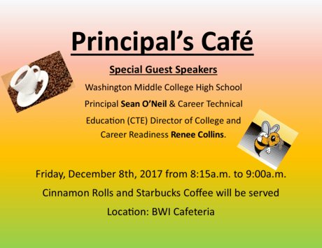 Principal's Cafe is Friday, Dec 8th from 8:15AM to 9AM. Come enjoy a delicious cinnamon roll &amp; hot coffee. ☕️ Please note, we will be meeting in the library not the cafeteria. #bwiptobees <a href="/BWIWUSD/">Bridgeway Island</a> #great2bWUSD <a href="/bwiptobees/">Bridgeway Island PTO</a>