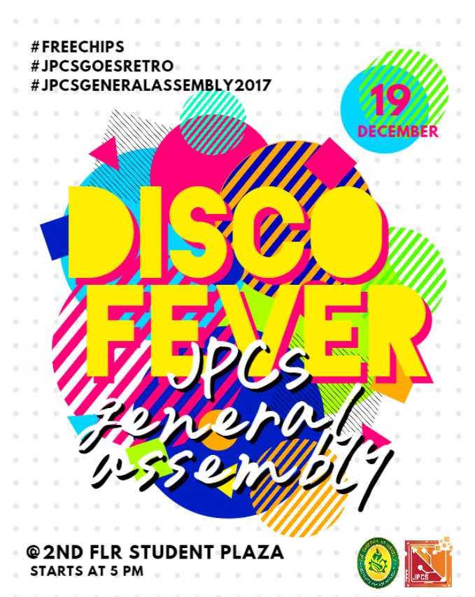 jpcsfit's tweet photo. Finally, the event we’ve all been waiting for! Are you all ready to party!?

JPCS would like to invite you to our year-end general assembly where we give you a blast to the past!

Join us as we get to have fun and feel the vibe of the 80’s disco fever before the year ends! https://t.co/5sMO1ti25k