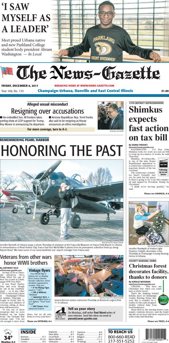 news_gazette's tweet photo. Friday's N-G front page: @DLPressey @nataliewickman @adzilis @ngphotostaff #NGMedia #PearlHarborDay #TaxBill2017 https://t.co/Hhf5l1uQYu