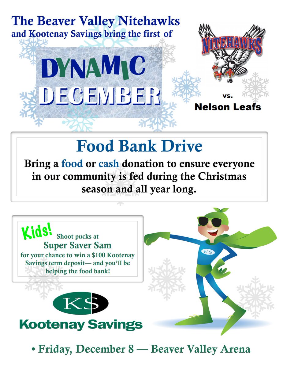 BVNitehawks's tweet photo. Part of our #DynamicDecember starts tomorrow evening as #Nitehawks host the #Leafs in their first home game of the month! .... #foodbankdrive #kootenaysavings @kootenaysavings https://t.co/UsAZJJDppW