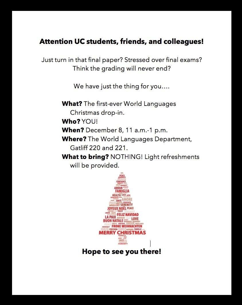 WorldLangUC's tweet photo. Join us tomorrow, Friday December 8 from 11 to 1 for a break from end-of-semester madness! https://t.co/J8a2Rnyq4J