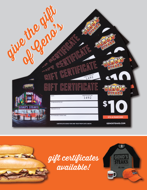 GenosSteaks's tweet photo. 'Tis the season for holiday gifting! You can give the gift of #GenosSteaks this season with our #GiftCertificates! Stop by Geno's Gear on Saturdays &amp; Sundays from 12-6pm to purchase yours today. #EatLikeALocal #ShopLikeALocal (📷 : @looseleaf_llc) https://t.co/Iqms6xYwUI