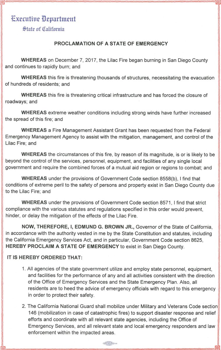 TheCCAInc's tweet image. Governor @JerryBrownGov Declares State of Emergency in San Diego County Due to Lilac Fire

#lilacfire #CaliforniaFires #fireupdates #sandiego #sandiegocounty #sandiegofires