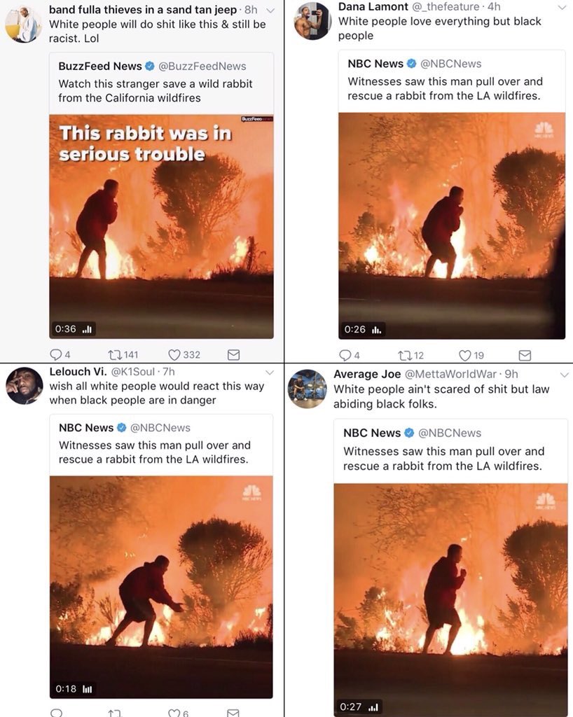 ianmiles's tweet photo. A man saving a rabbit from wildfires is now a race issue. Never change, social justice warriors. https://t.co/Wz0azakuC3