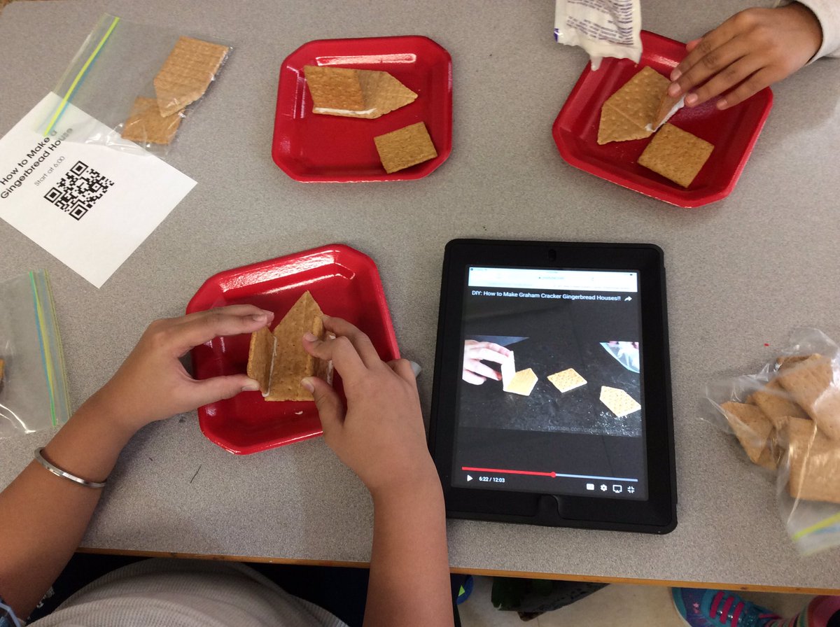 Ms_Croucher's tweet photo. @SpringdalePS1 Since Ms. Croucher didn't have enough of each ingredient to make cookies, we used them to make gingerbread houses instead! #proceduraltexts https://t.co/w9sbGgWR3u