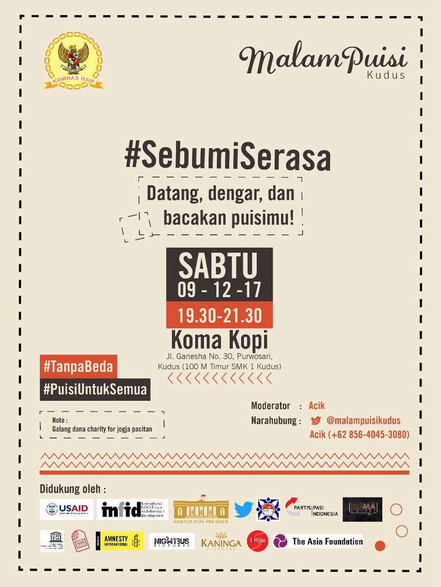 <a href="/galerinasional_/">Galeri Nasional ID</a> <a href="/MalamPuisi_JKT/">IG: malampuisi.jkt</a> <a href="/malampuisi_BDG/">Malam Puisi Bandung</a> 2. Kudus

Sekaligus menggalang dana charity utk Jogja &amp; Pacitan; datang, dengar, &amp; bacakan puisi #SebumiSerasa-mu bersama <a href="/MalamPuisiKudus/">🅜🅐🅛🅐🅜 🅟🅤🅘🅢🅘 🅚🅤🅓🅤🅢</a>!