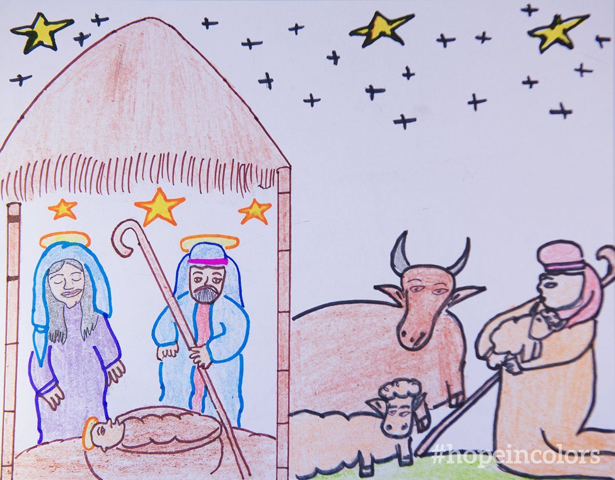 GFAWorld's tweet photo. This is Nadeem, and he’s 12 years old. Nadeem drew this Christmas scene for the annual Colors of Hope drawing competition! He likes math and enjoys playing cricket. #hopeincolors #Christmas #hope https://t.co/m9qmutEOhm