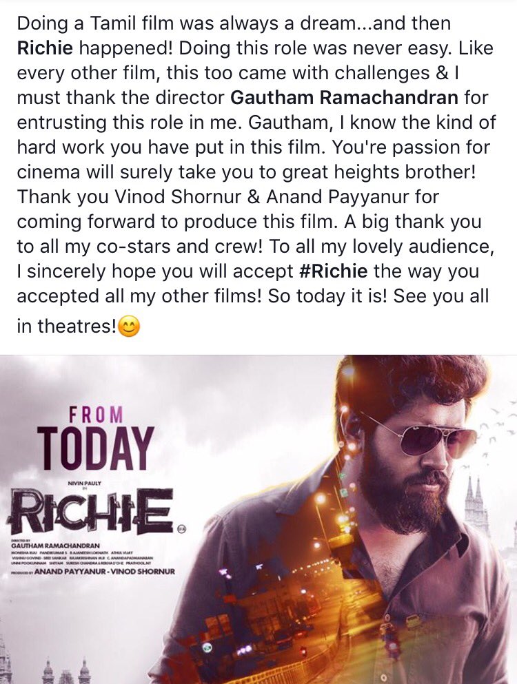 NivinOfficial's tweet image. See you all in theatres! #Richie from today!😍