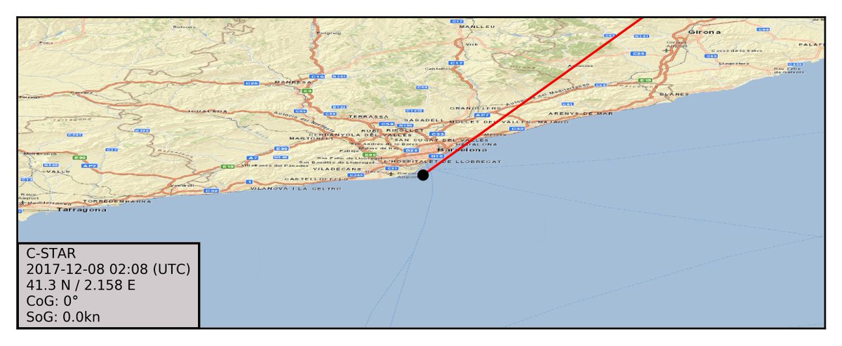 CstarWatch's tweet photo. C-STAR last position indicates it is stopped at 41.3 N / 2.158 E, 5 minutes ago. #cstar https://t.co/WosduCpCav