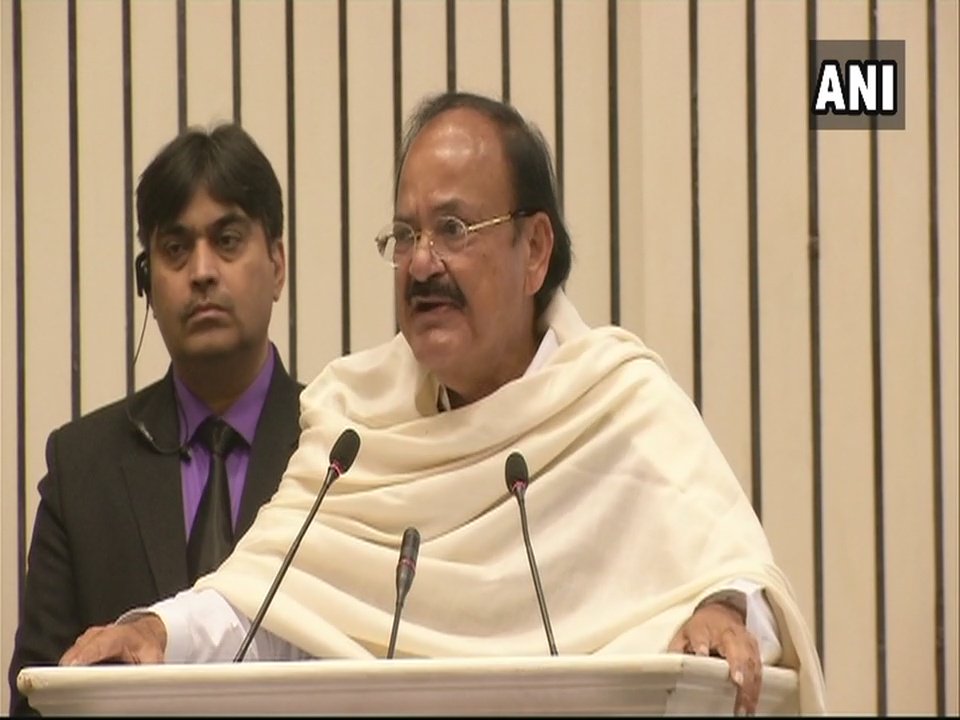 ANI's tweet photo. Vande Mataram ke baare mein vivaad hota hai, 'Maa tujhe salaam'. Maa ko salaam nahi karenge toh kisko karenge? Afzal Guru ko karenge kya?: Vice President Venkaiah Naidu (7.12.17) https://t.co/HUdcWUgXxK