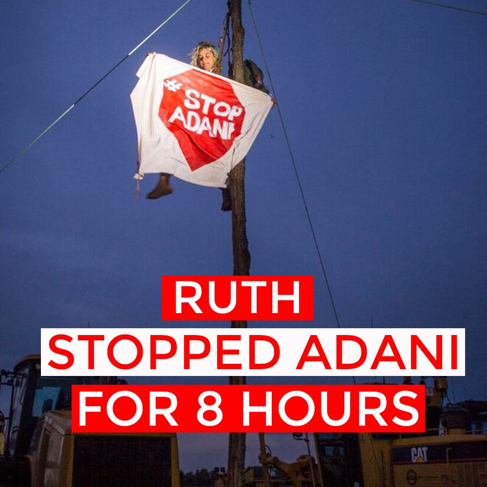 FLACCoal's tweet photo. WOW: After 8 hours of stopping work on Adani's rail line, Ruth has been removed from her monopole. We will continue to #StopAdani for a safe future https://t.co/j0vOEGmgSF