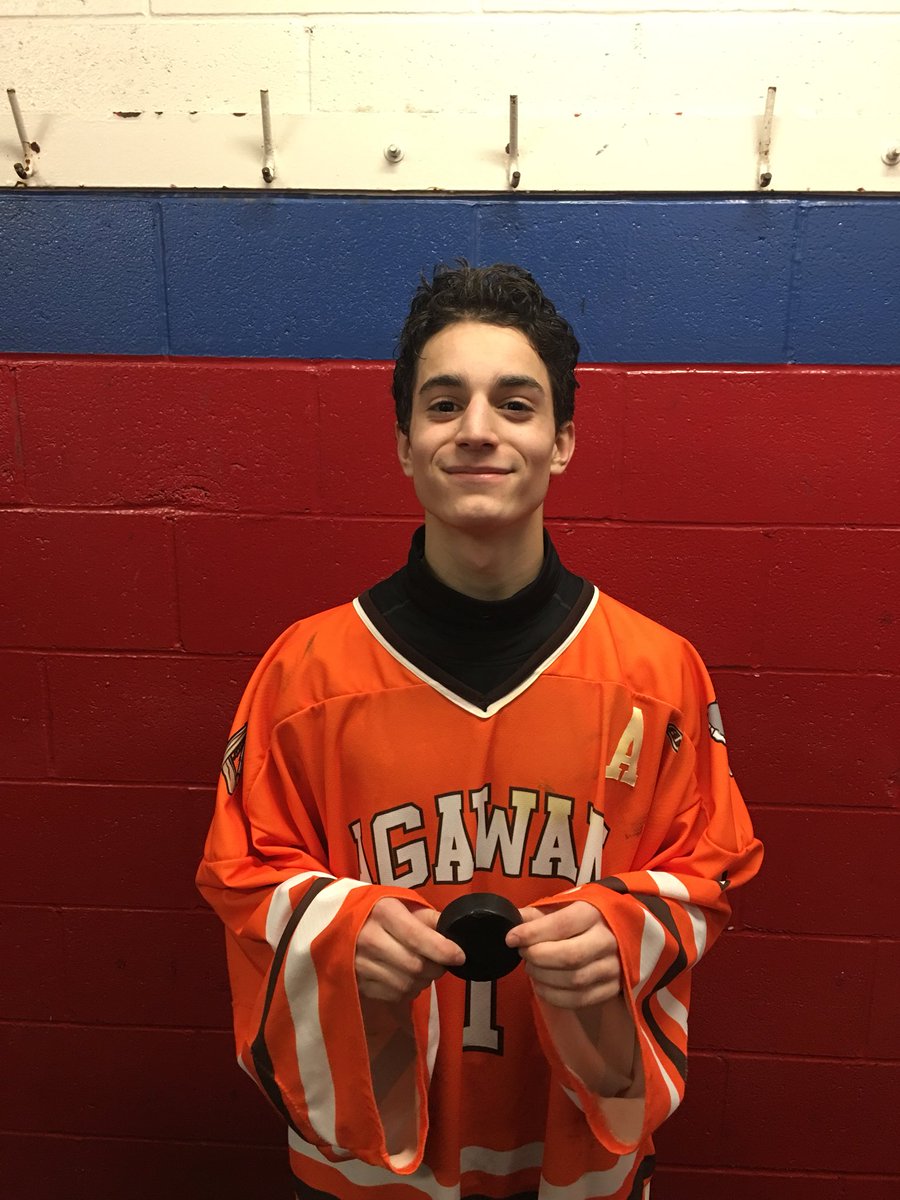 AGAWAMHOCKEY's tweet photo. Couple of firsts tonight for #AHSPuck. DK with his first goal (and winner of the helmet); MD for netting his first goal; MP for delivering his first varsity win in net. Congrats and keep it rolling. https://t.co/WBVii1QWjs