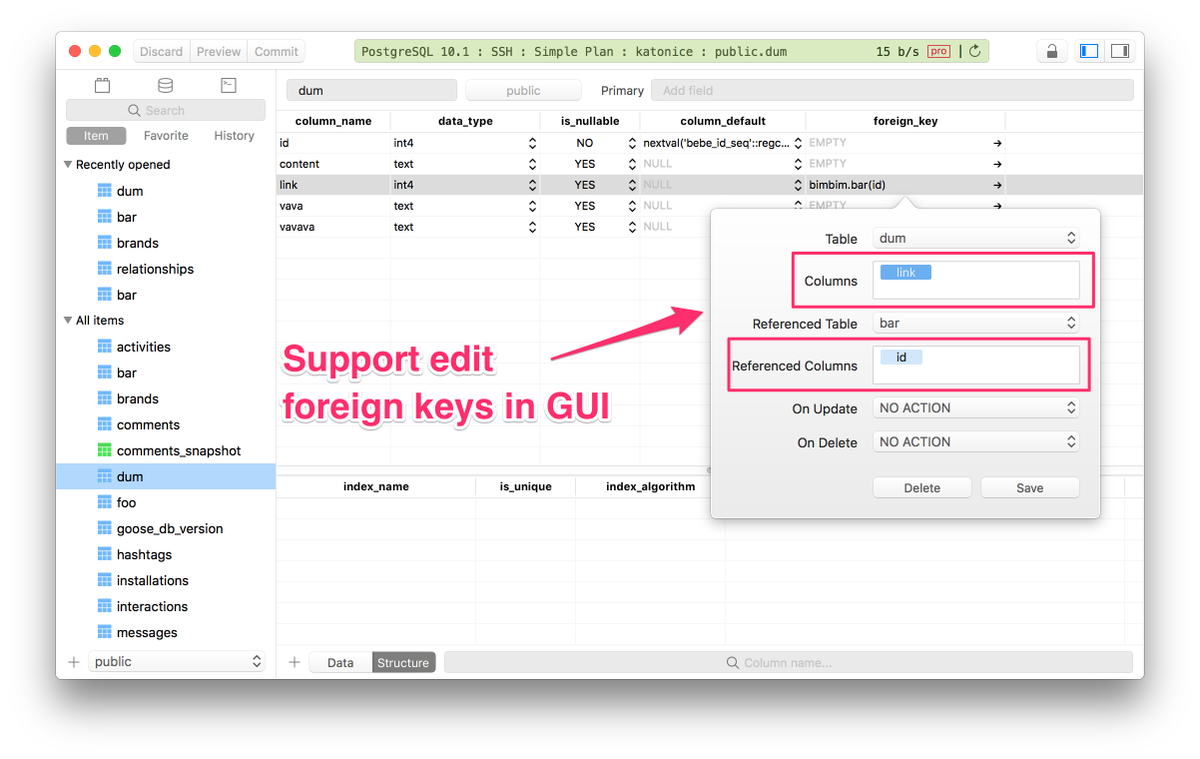 TablePlus's tweet photo. TablePlus #build75 supports edit foreign keys in GUI
#TablePlus #Build75 #PostgreSQL #MySql #SQLite #MSSql #TablePlusPlugins #Redis https://t.co/STVMMCUghU