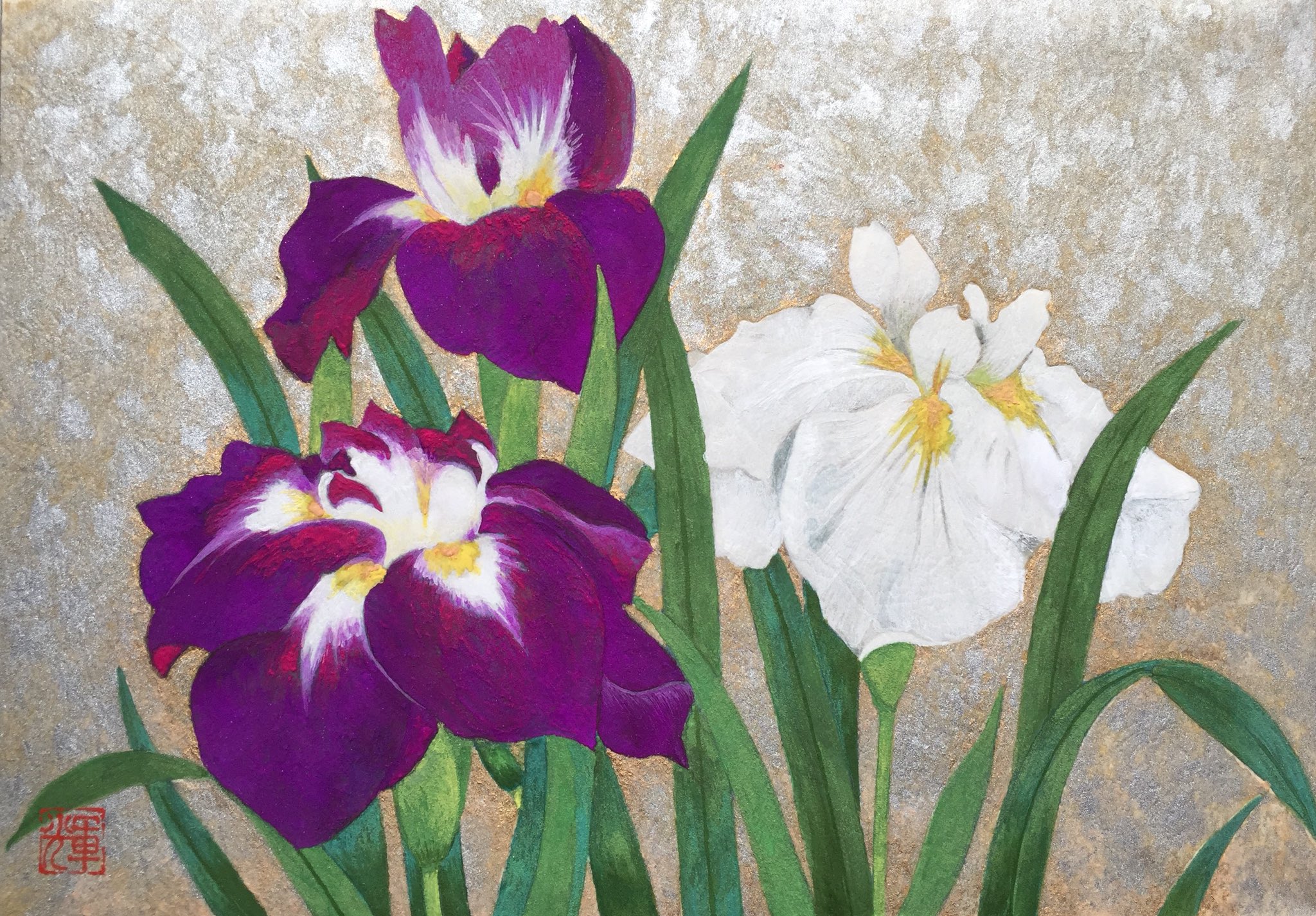 日本画 ショウブ 菖蒲 岩絵具 額付き 額なし選択可 Y002 - メルカリ