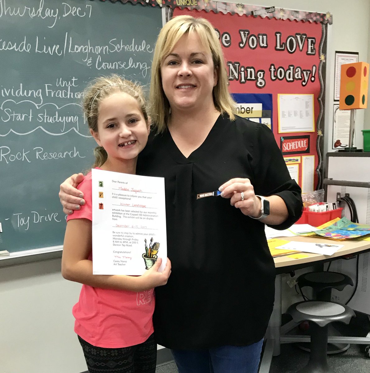 MrsLearnalot's tweet photo. @mrsnarez stopped by to announce that this sweet girl’s art will soon be on display at the admin building! So exciting! #lakeside1718 https://t.co/I8eNYp2p2p
