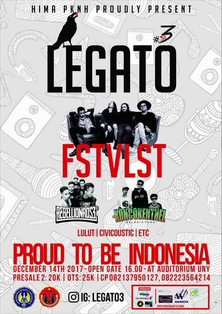 Paimin (@paiminjk) on Twitter photo HIMA PKNH 2017 PROUDLY PRESENT: LEGATO #3 "Proud To Be Indonesia"
W/ <a href="/FSTVLST/">festivalist =</a> <a href="/RebellionRose/">Rebellion Rose</a> <a href="/KKYKOfficial/">Konco Kenthel</a> etc
(14/12/17) @ Auditorium UNY
HTM: 20K-25K
More Info: 082137950127/ IG: LEGATO3 HIMA PKNH 2017 PROUDLY PRESENT: LEGATO #3 "Proud To Be Indonesia"
W/ <a href="/FSTVLST/">festivalist =</a> <a href="/RebellionRose/">Rebellion Rose</a> <a href="/KKYKOfficial/">Konco Kenthel</a> etc
(14/12/17) @ Auditorium UNY
HTM: 20K-25K
More Info: 082137950127/ IG: LEGATO3