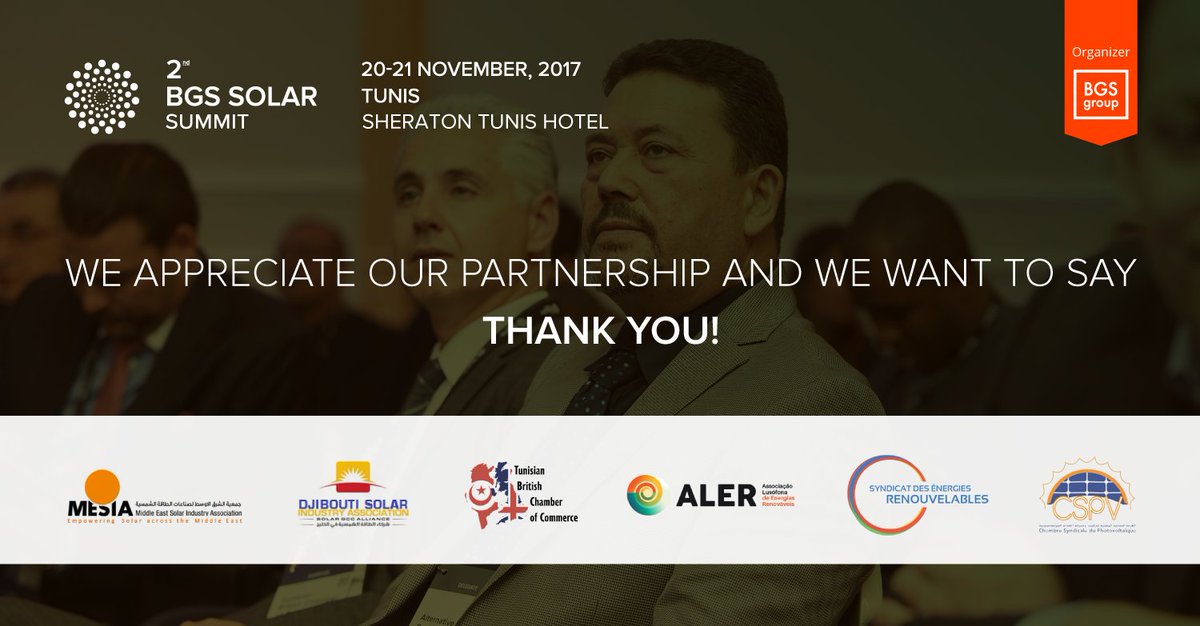 BGSgroup_eu's tweet photo. Thanks to our partners who have contributed to the success of #BGSSolar2017.
About the Summit: https://t.co/gtiZn5GZfY
#solar #renewables #solarenergy #solarpanels @ser_enr @MiddleEastSolar @ALER_renovaveis #CSPV @DjibSIA https://t.co/BZXyxAKgAH