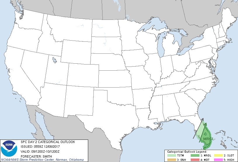 NWSSPC's tweet image. 12:00am CST #SPC Day2 Outlook Marginal Risk: for central and southern portions of the fl peninsula go.usa.gov/YW34