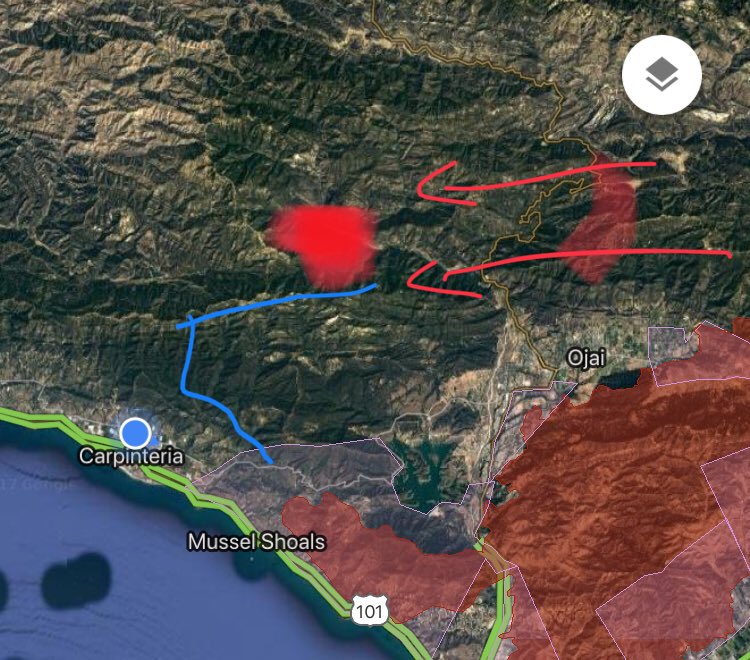 kystokes's tweet image. Farris helped me draw this rough map of @CALFIRE_PIO’s plan: in red is the #ThomasFire’s current location. In blue is the line fire crews plan to dig.

The hope is the line will help ensure the fire doesn’t creep down into Carpinteria overnight. #fireupdates