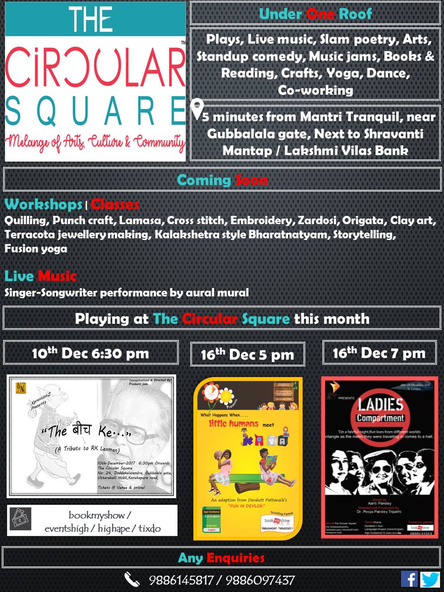 DCircularSquare's tweet photo. @DCircularSquare ...a melange of arts,culture and community !

#TheCircularSquare #Studio #Books #Workshops #Artists #Theatre #Craft #Classes #Exhibitions #Yoga #StandUpComedy #Poertry #BloggersMeet #TravelTalks #Events #Dance #Music #Fun #KanakpuraRoad #Bangalore https://t.co/YbHXEEEN0N