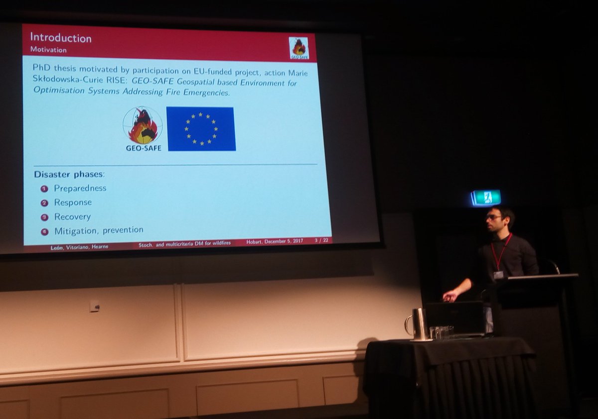 GEO_SAFE's tweet photo. Javier Leon @UCMadrid presents his PhD on 'Stochastic and multicriteria decision making applied to suppresion of wildfires' during the #modsim2017 in Tasmania https://t.co/3Gqb33Ag4e