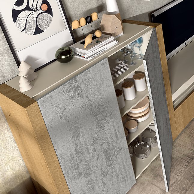 #Aparador con gruesos en canto aserrado en combinación con el acabado en Piedra gris y el Cuero beige en el interior.. #Diseño #Salón #Comedor Vuelven las tendencias naturales! Nos encanta! :)